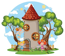 Fairies flying around fairytale tower