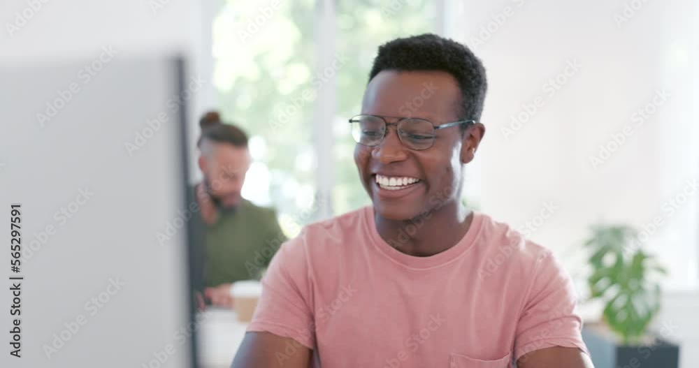 Fototapete Computer, celebration and excited black man happy for ERP software, cyber security system or coding success. Information technology, ai developer or programmer cheer for code programming achievement