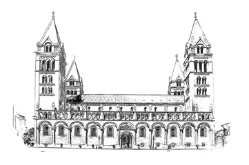 Sts. Peter and Paul's Cathedral Basilica in Pecs, Hungary, ink sketch illustration.