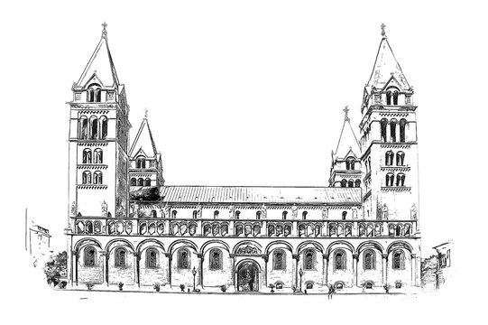 Sts. Peter and Paul's Cathedral Basilica in Pecs, Hungary, ink sketch illustration.