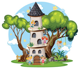 Fairies flying around fairytale tower