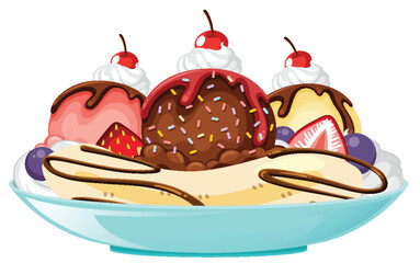 Banana split Ice cream sundae on white background