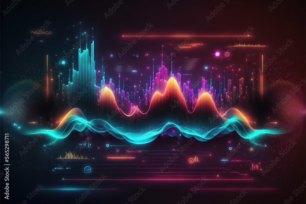 Poster Abstract Sound waves. Frequency audio waveform, music wave HUD interface elements, voice graph signal cyberpunk, Generative ai