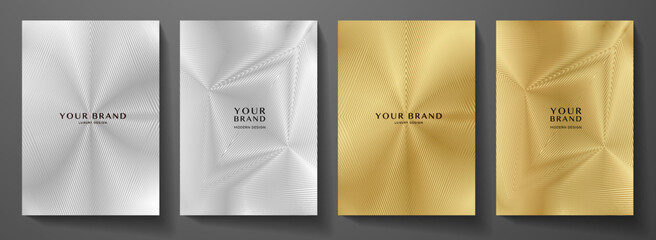 Contemporary technology cover design set. Luxury background with gold, silver line pattern (guilloche curves). Premium golden vector tech backdrop for business, digital certificate, formal template