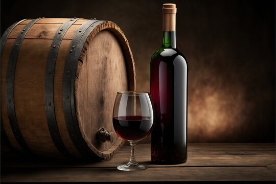 Alcohol Barrel With Red Wine Bottle And Red Wine In Glass Generative AI