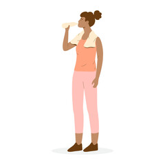 Sport woman drinking water from bottle, cartoon character