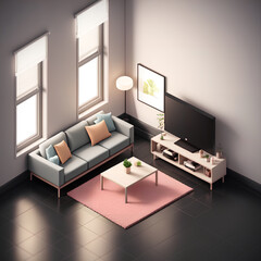 Fototapeta na wymiar Isometric cozy furnished living room, AI generated 3D illustration