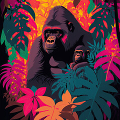 Fototapeta na wymiar Mother Gorilla with Baby, abstract illustration, with psychedelic colours Generative AI technology 