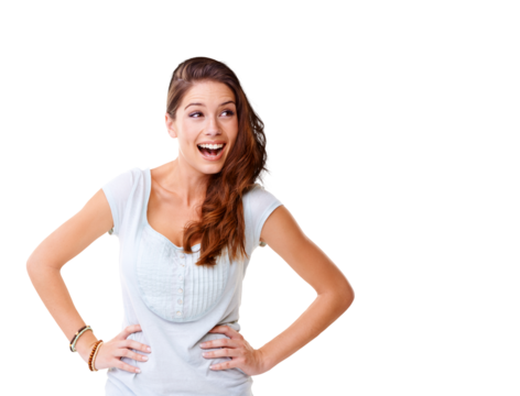 Portrait of a thoughtful-looking young woman looking aside and laughing with her hands on her hips Isolated on a PNG background.