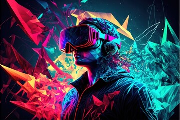 A person with advanced technology parts as vr visors and gadgets in action in a polygon synthwave environment. Futuristic cyberpunk AI. Generative AI image