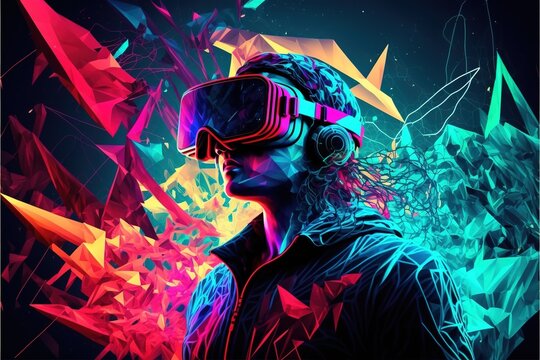 A person with advanced technology parts as vr visors and gadgets in action in a polygon synthwave environment. Futuristic cyberpunk AI. Generative AI image