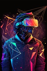 A person with advanced technology parts as vr visors and gadgets in action in a polygon synthwave environment. Futuristic cyberpunk AI. Generative AI image