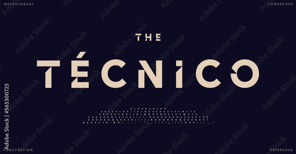 Poster stylish multilanguage font, minimalistic typeface with bevel cutouts, sporty futuristic type for mod