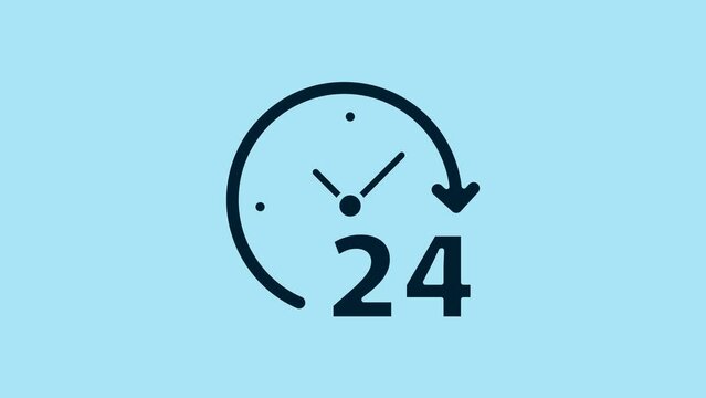 Blue Clock 24 hours icon isolated on blue background. All day cyclic icon. 24 hours service symbol. 4K Video motion graphic animation