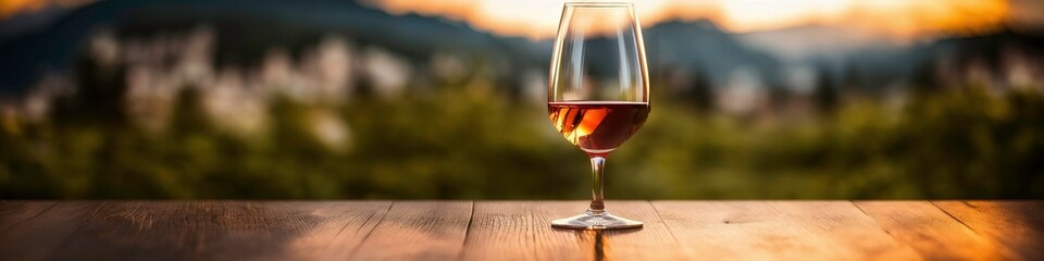 a glass filled with red wine on a table with alps panorama in background, bokeh shoot, ultrawide, with space for editing