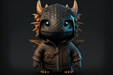 Cute dragon in warrior mascot costume on black background. 12 Chinese zodiac signs horoscope concept. Generative AI