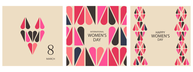 Web banner templates. Set of backgrounds for International Women's Day. Geometric abstract shapes with hearts. Congratulations, web banner. Vector illustration.