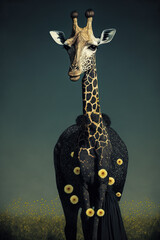 A giraffe in a black dress and glamorous make-up stands in a field. Generative AI.