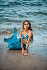 Mermaid on the background of the waves. Siren washed ashore.Beautiful mermaid girl on the seashore....