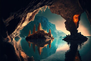 Giant rocks and cave entrance reflect on water of lake fantasy background. Generative AI