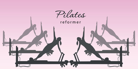 Pilates. Silhouette of a girl doing Pilates on a reformer. Vector illustration for banner, poster, cover, advertising of your business