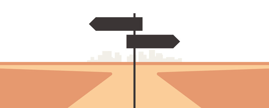 Choosing right direction at road sign and important choice career path opportunities flat vector illustration.