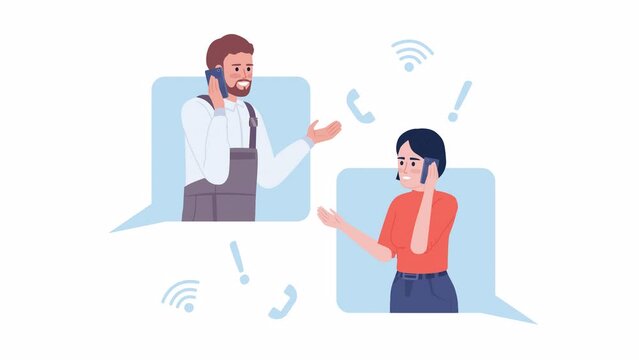 Animated calling internet provider. Tech support. Looped flat 2D characters 4K video footage. Color isolated animation on white background with alpha channel transparency for website, social media