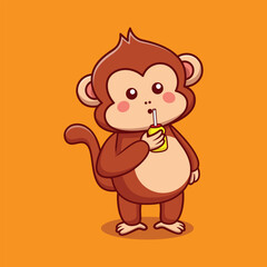Fototapeta premium Cute monkey drink banana milk cartoon vector icon illustration. kawaii animal icon