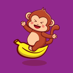 Cute monkey riding banana cartoon vector icon illustration. kawaii animal icon