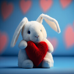 Fototapeta na wymiar Children's toy white plush bunny holding a red heart in its paws on a blue background. Generative AI, generative artificial intelligence