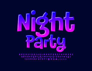 Fototapeta na wymiar Vector playful Emblem Night Party. Modern stylish Font. Glossy set of Alphabet Letters and Numbers