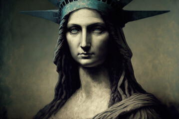 Statue of liberty as mona lisa portrait. Generative AI.

