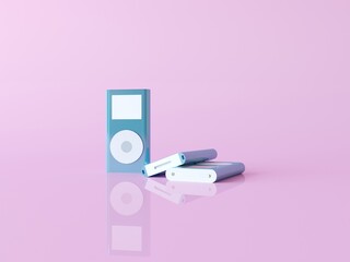 Fashionable portable wireless mp4 player in metallic blue isolated on a pastel pink background....