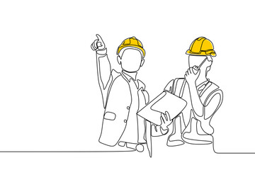 Single continuous line drawing of young construction manager giving instruction to builder coordinator at site meeting. Building architecture business concept. One line draw design PNG illustration