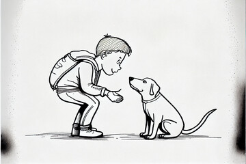line art of a boy playing with a dog, generative ai 