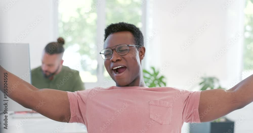 Fototapete Office fatigue, yawn and black man tired from coding ERP software, cyber security system or cloud computing database. Information technology, ai developer or programmer sleepy after code programming