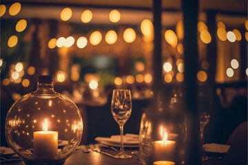 a romantic luxury restaurant decorated in Saint Valentine's Day with candles and lights. Generative ai.