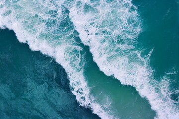 Top aerial view of ocean waves splashing against rocks background. High quality 4k footage. Generative AI - obrazy, fototapety, plakaty