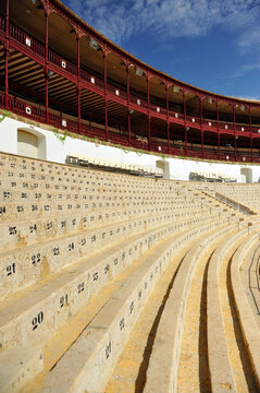 Bleachers and boxes of the bullring in Malaga, capital of the Costa del Sol, Andalusia, Spain. The Malagueta