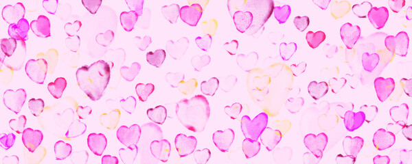 Watercolor heart background. Pink watercolor hearts wallpaper. Simple hand illustrated background for valentines day, mothers day, wedding, birthday
