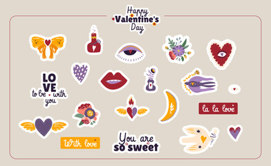 Set of hand drawn vector illustration Valentine's Day posters and cards, stickers. Valentine's day greeting cards design in modern retro vintage groovy