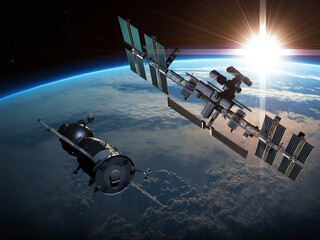 International Space Station ISS Orbiting over Earth. 3D Illustration. - 565305576
