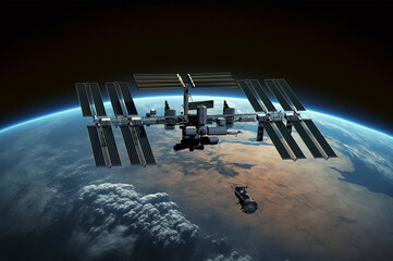 International Space Station ISS Orbiting over Earth. 3D Illustration. - 565305599