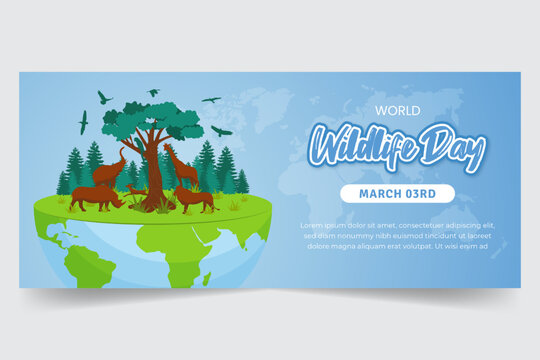World wildlife day March 03rd banner with animals and forest illustration