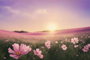  A field of flowers on a sunny day, gentle dawn pink light