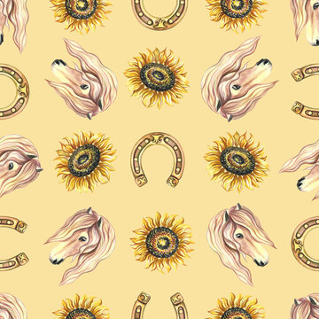 Seamless pattern with horse portrait, horseshoe and sunflower. Watercolor painted by hand. For printing, textiles