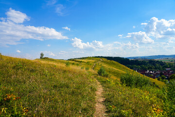 Landscape on the Steinberg in the landscape protection area in Herzberg am Harz, Lower Saxony. View from the mountain to the surrounding nature.
