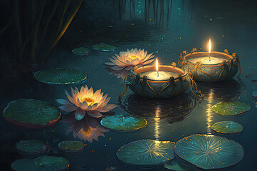 Lotus with floating candles. Generative AI.