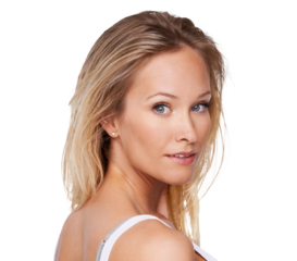 Portrait of a stunning young woman looking over her shoulder at you Isolated on a PNG background.