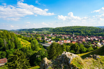 Landscape on the Steinberg in the landscape protection area in Herzberg am Harz, Lower Saxony. View from the mountain to the surrounding nature.
